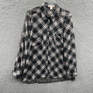 Band of Gypsies Womens Top Large Black Gray Long Sleeve Button Front Shirt Sheer